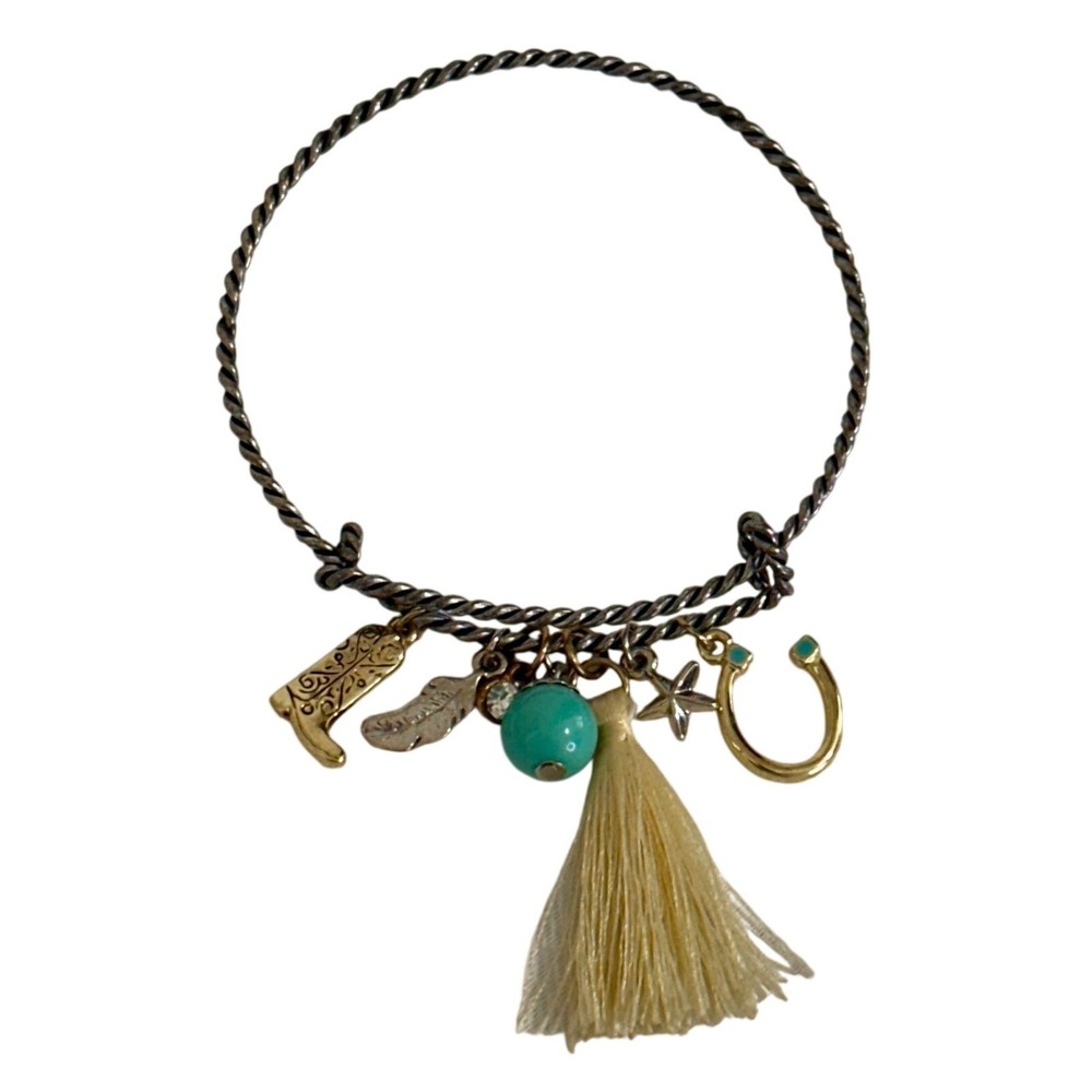 Handcrafted Western Charm Bangle Bracelet Cowboy Boot Horseshoe Turquoise Tassel